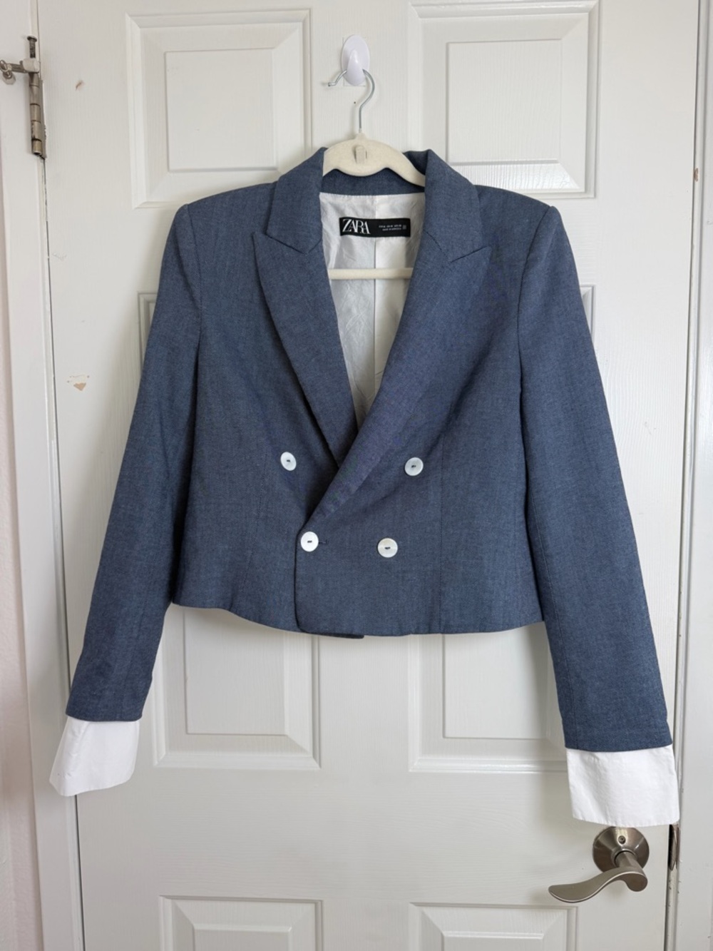 Zara Cropped Double-Breasted Blazer in Blue with White‎ Cuff Detail